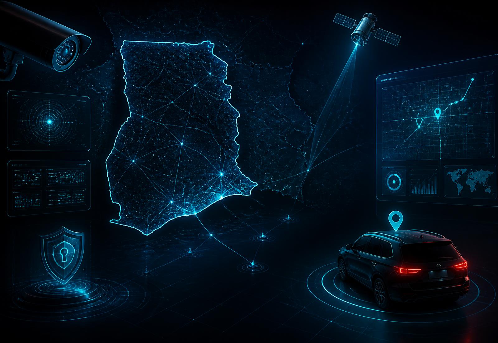 Vehicle tracking, CCTV and network monitoring technology over a map of Ghana